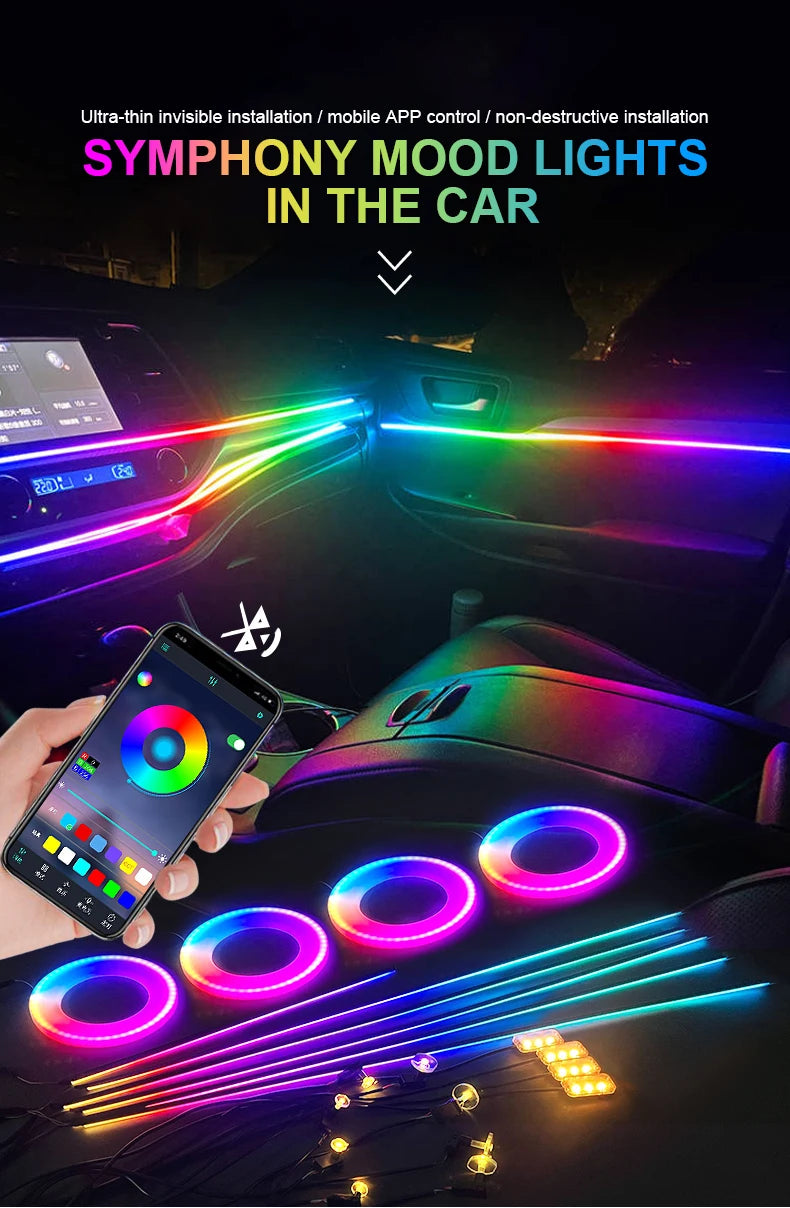 14/18/22 in 1 Streamer Ambient Lights 64 213 Color Rainbow RGB Acrylic Led Car Atmosphere Lights Hidden All Black Light Strips