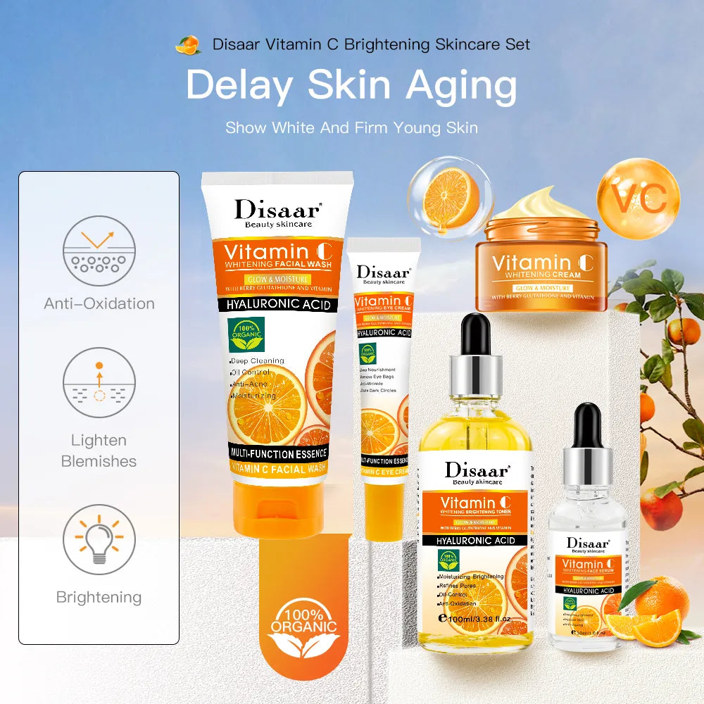 Disaar Vitamin C Facial Whitening Care Set Face Cleanser Fade Dark Circles Eye Cream Essence Lighten Spots VC Brightening Care