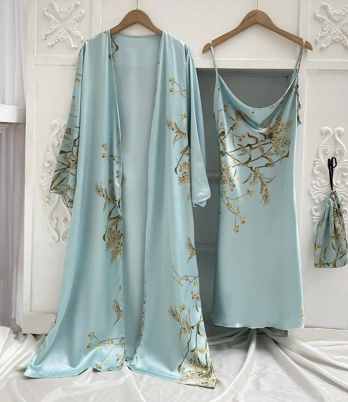 Print 2pcs Robe Sleep Suit Women Bridal Kimono Bathrobe Gown Lingerie Satin V-Neck Sleepwear Strap Nightgown Loungewear