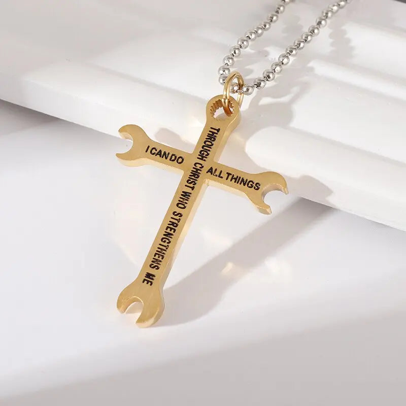 Men's Cross Necklace Stainless Steel Wrench Pendant Cool Jewelry for Men Boys Gift Jewelry Father's Day Gift