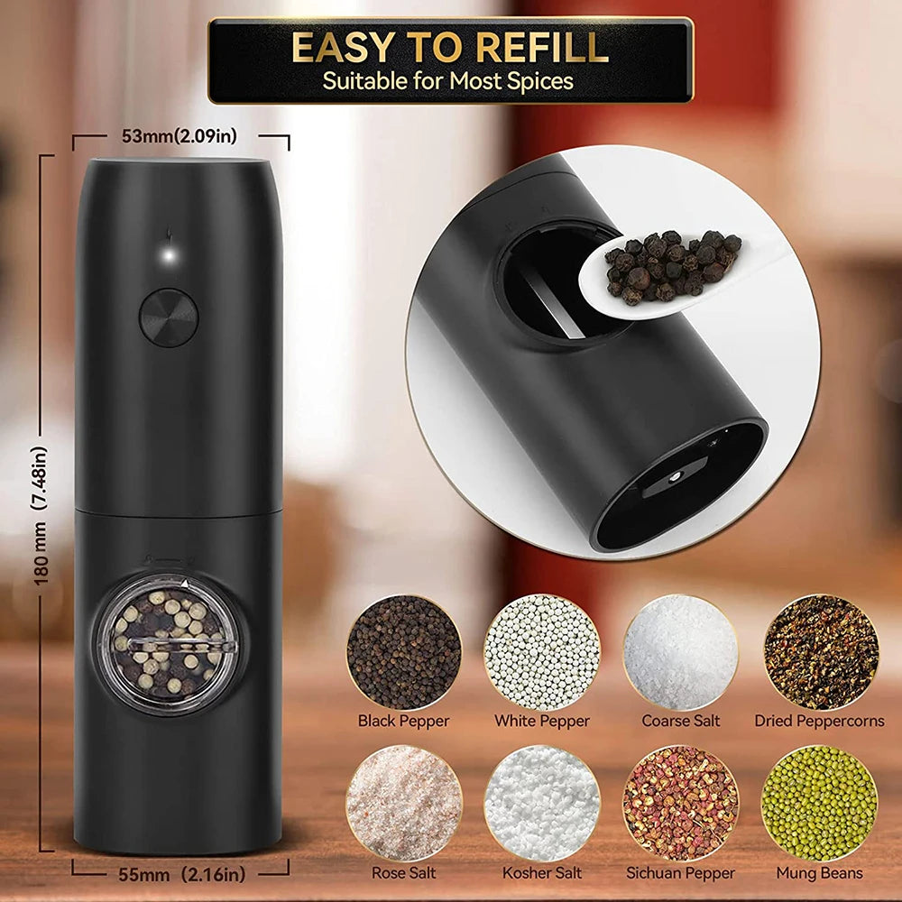 Electric Automatic Salt and Pepper Grinder Set USB Rechargeable/Battery Powered Adjustable Coarseness Spice Mill with LED Light