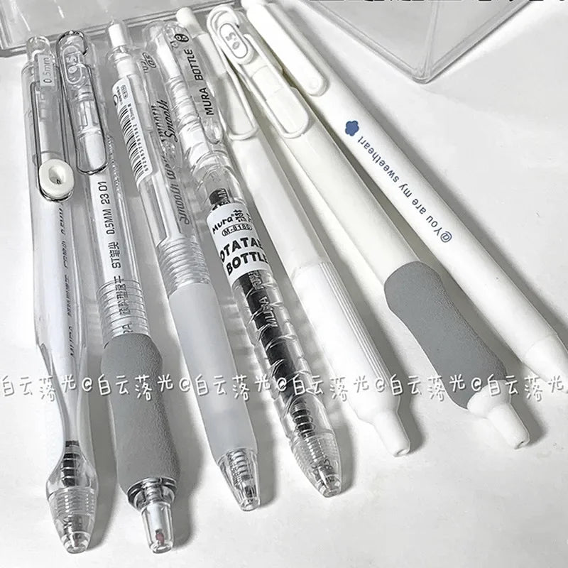 7pcs Korean Fashion Gel Pen Simplicity White Transparent Solid Color Stationery Gel Pen 0.5mm Black Ink Scrapbook Dry Quick Pen