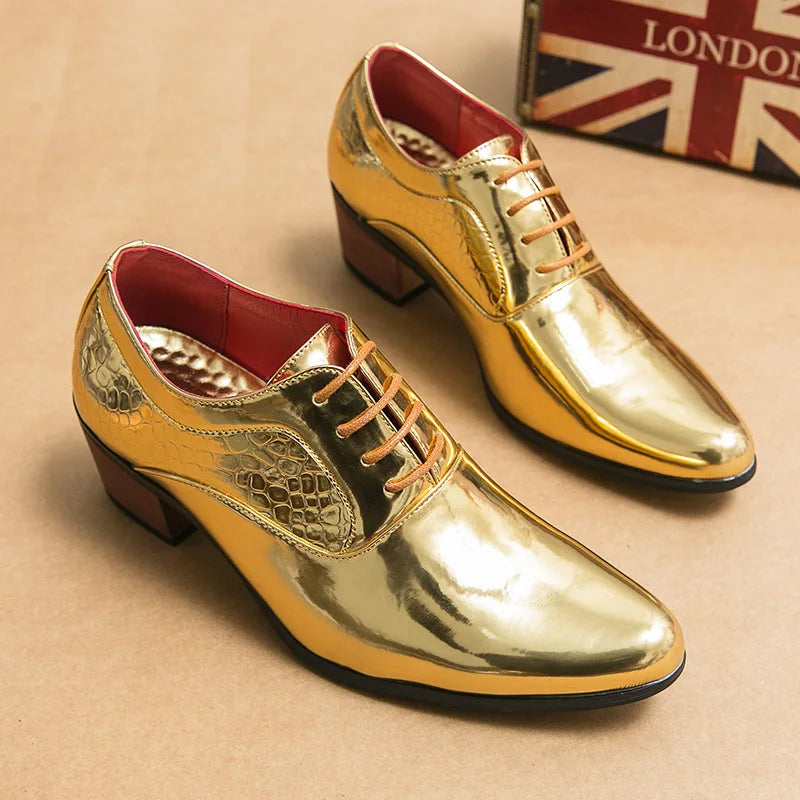 New 2023 Luxury Gold Men High Heel Leather Shoes Moccasins Designer Pointed Dress Shoes Men Wedding Formal Shoes Big Size 46