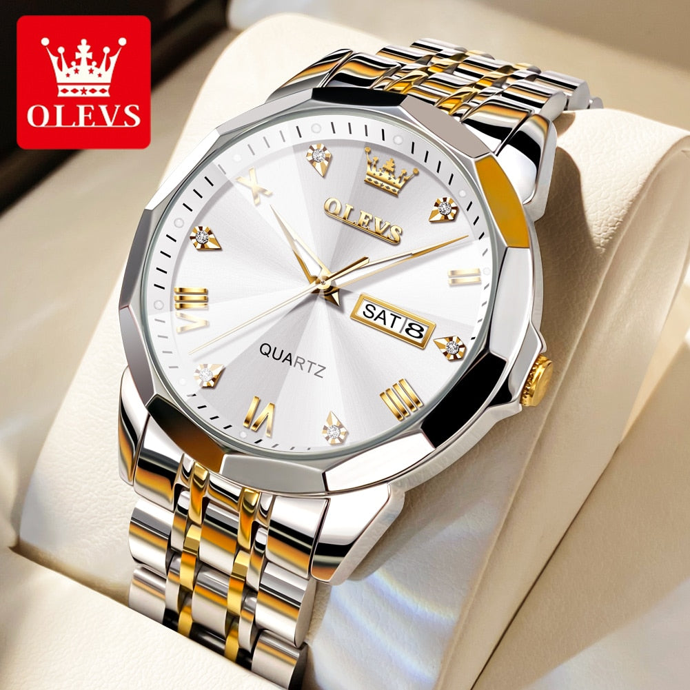 OLEVS Men's Watches Top Brand Original Quartz Watch for Man Waterproof Rhombus Mirror Luminous Wristwatch Date Week Casual New - RY MARKET PLACE