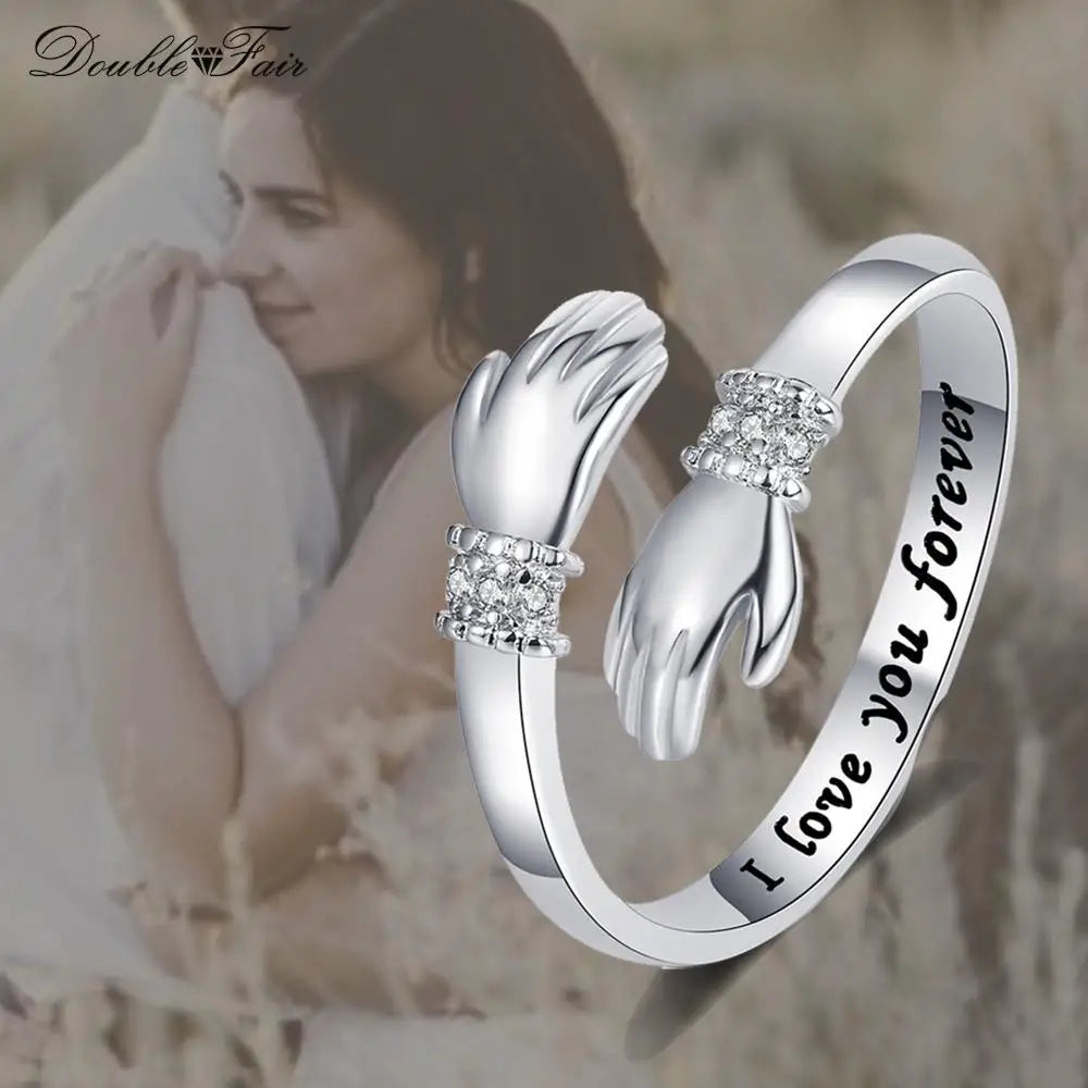 Lettering "I Love You Forever" Love Hug Hand Opening Rings with CZ Designer Declaration Ring Gifts to Mom Lover Friend Jewelry