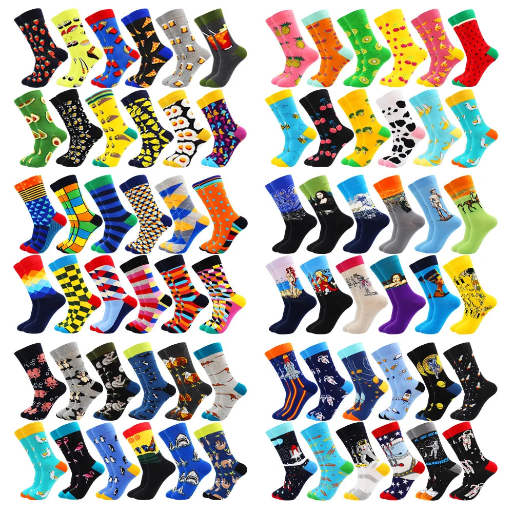 6 Pairs Fashion Casual Women and Men Socks Art Van Gogh Stripe Harajuku Fruit Animal Sloth Beer Funny Socks Dress Cotton Socks