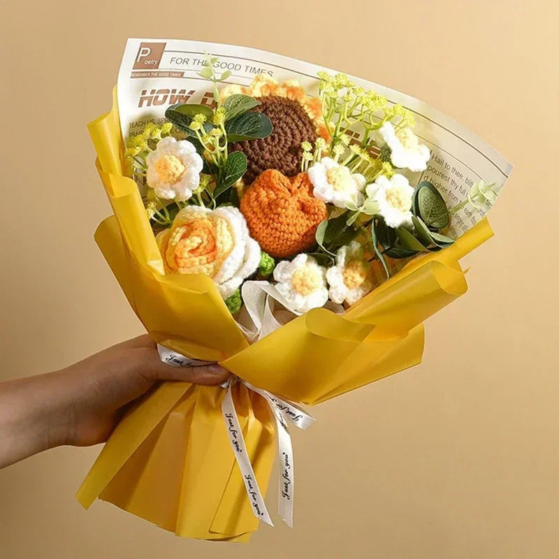 Artificial Crochet Flower Bouquet Hand-knitted Bouquet Multi Colored Faux Flower Mother Day Gift Birthday Wedding Guest Gift 꽃다발