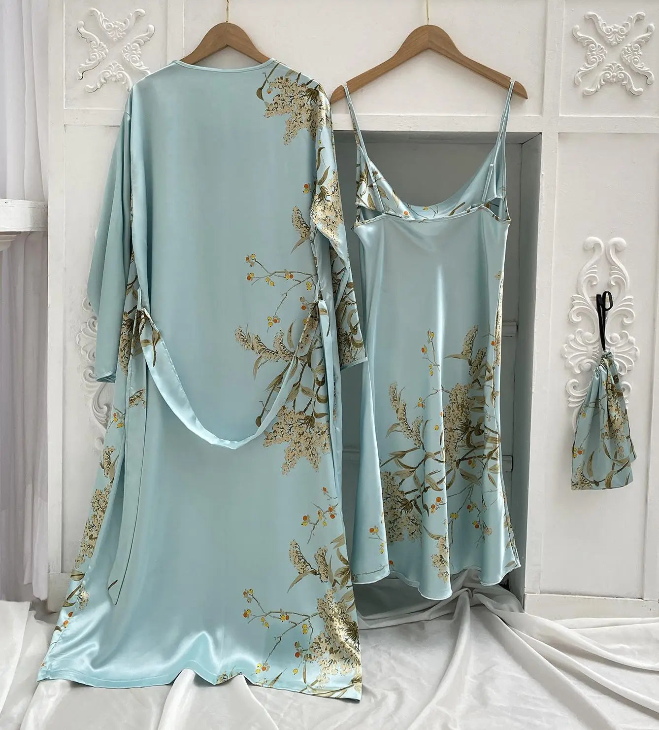 Print 2pcs Robe Sleep Suit Women Bridal Kimono Bathrobe Gown Lingerie Satin V-Neck Sleepwear Strap Nightgown Loungewear