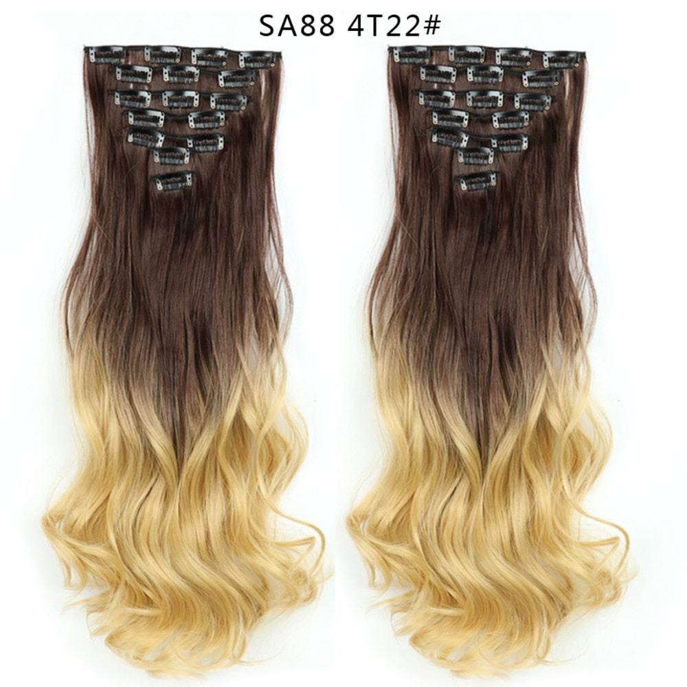 LINWAN Hair 22inch Ombre Hair Long Curly Hair Extension 16 Clips High Tempreture Synthetic Hairpiece Clip In Hair Extensions - RY MARKET PLACE