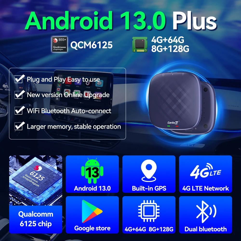 CarlinKit 8G+128G Android 13 CarPlay TV AI Box Ultra QCM6125 8-Cores Wireless CarPlay& Android Auto GPS For YouTube Netflix IPTV