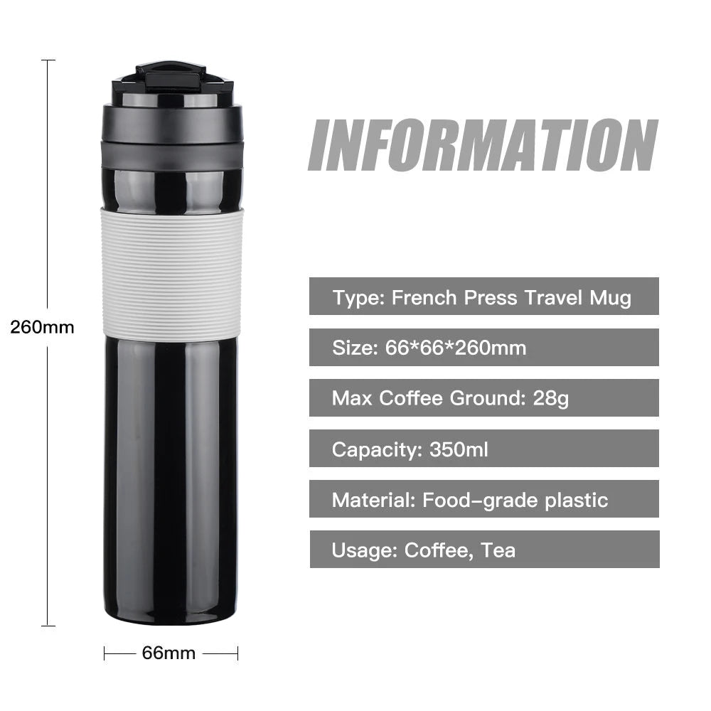 Portable French Press Pot 320ml Travel Coffee Maker Stainless Steel Double-walled Coffee Tea Bottle & Plastic Coffee Pot