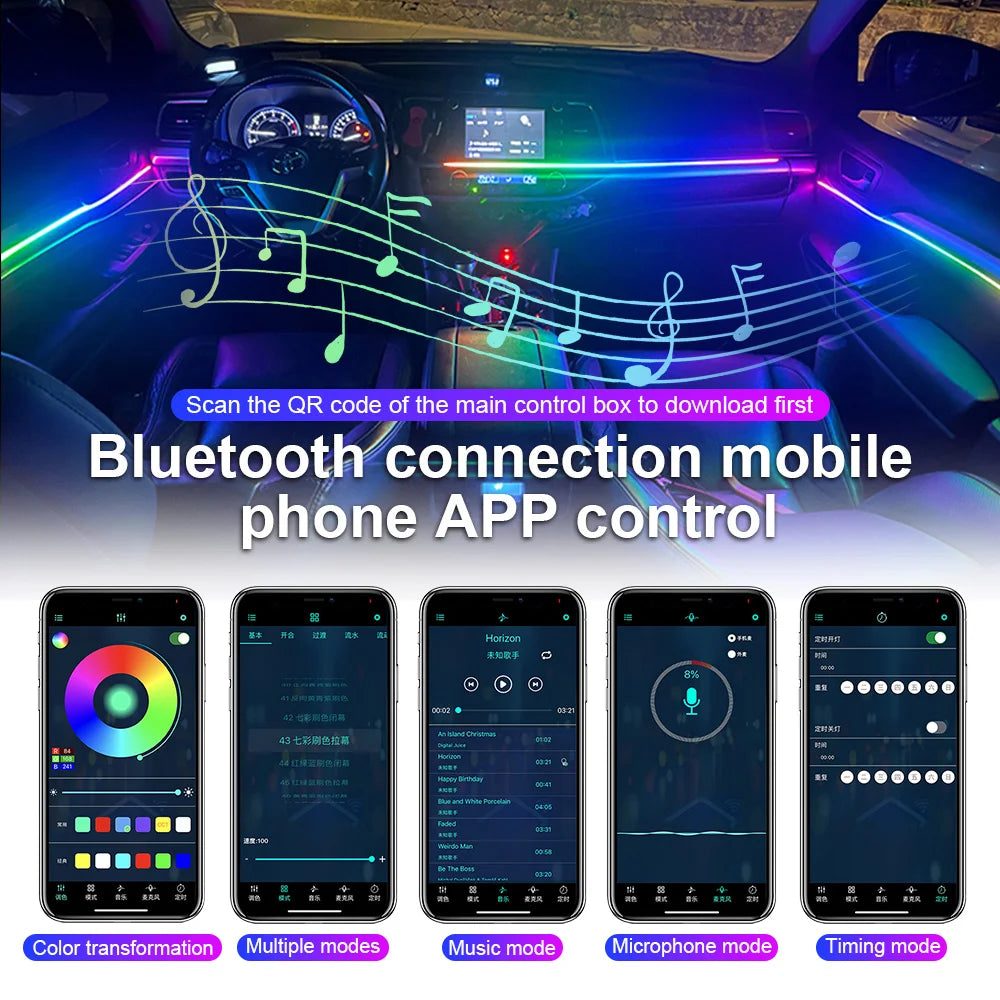 14/18/22 in 1 Streamer Ambient Lights 64 213 Color Rainbow RGB Acrylic Led Car Atmosphere Lights Hidden All Black Light Strips