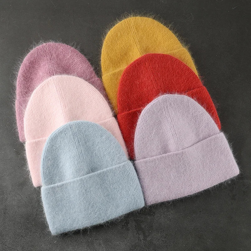 2022 New Angora Winter Hat For Womens Rabbit Fur Fluffy Knitted Beanies Hat  Bonnet Female Soft  Warm SKI Skullies  Beanies