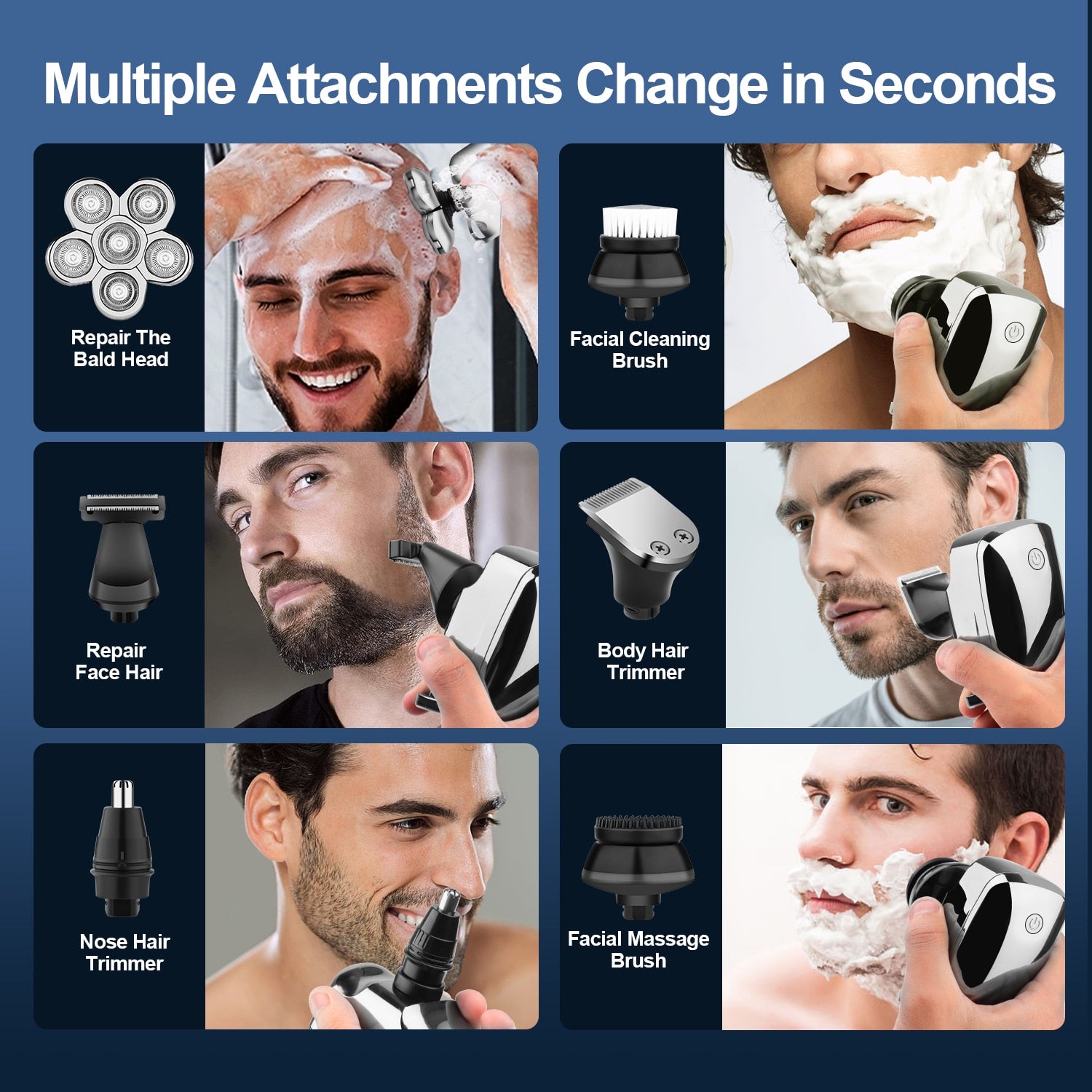 6 in 1 Men's Electric Shaver 6 Blades Waterproof Rechargeable Multifunctional Razor Nose Hair Trimmer Wet & Dry Razor Beauty Kit - RY MARKET PLACE