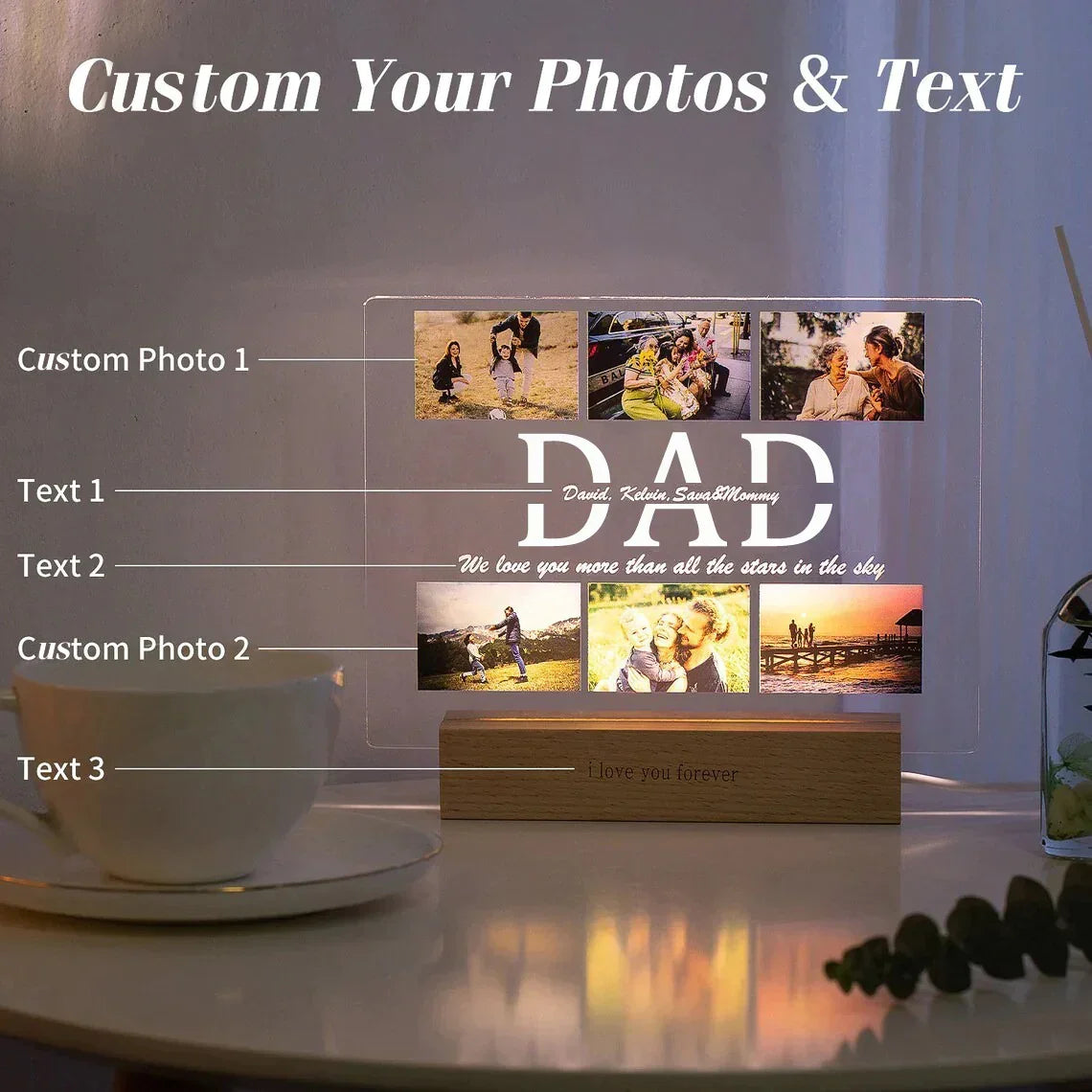 Personalized MOM/DAD Night Light with Multi-Photo Custom Engraved Text & Names 3D Acrylic Lamp Father Day Wedding Birthday Gift