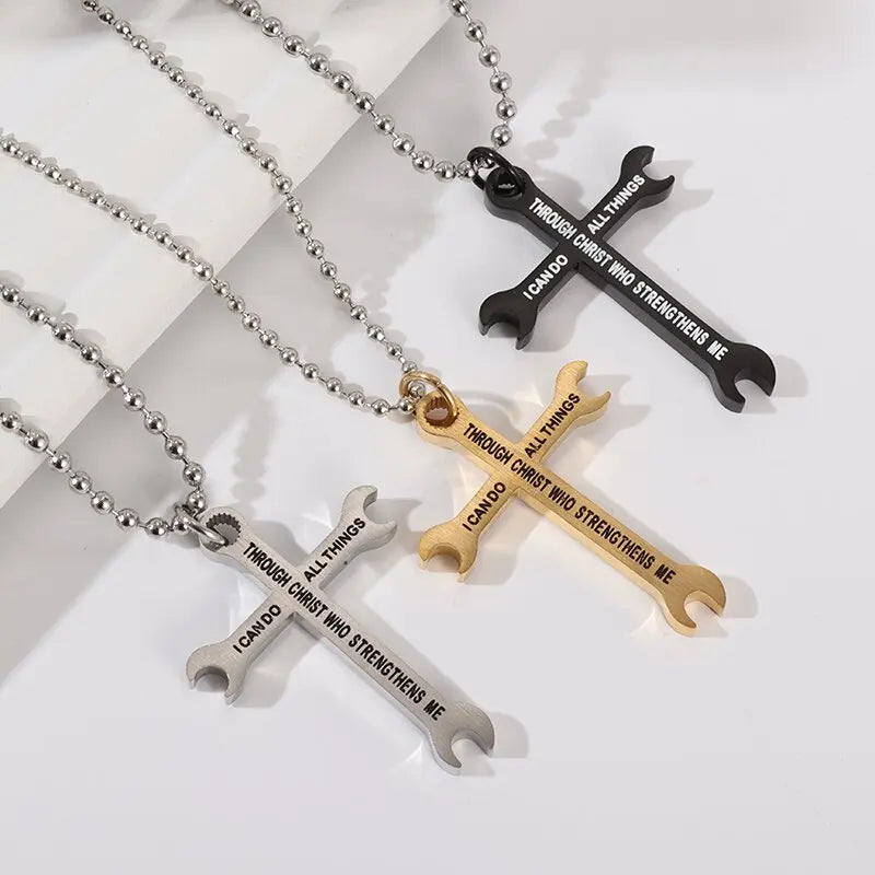 Men's Cross Necklace Stainless Steel Wrench Pendant Cool Jewelry for Men Boys Gift Jewelry Father's Day Gift