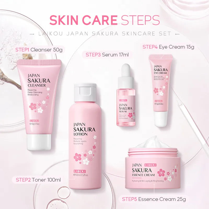 Face Skin Care Set Cleanser Sakura Essence Cream Moisturizing Whitening & Anti-Aging Toner Eye Cream Face Serum Eye Skin Care