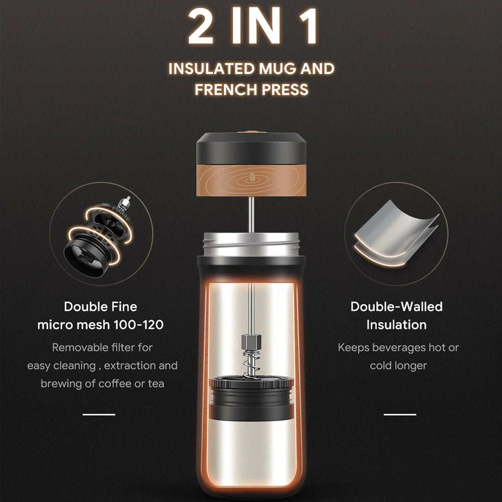 ICafilas 350ml Portable Coffee Pot French Press Coffee Maker Stainless Steel Insulated Travel Mug With Coffee Plunger Filter