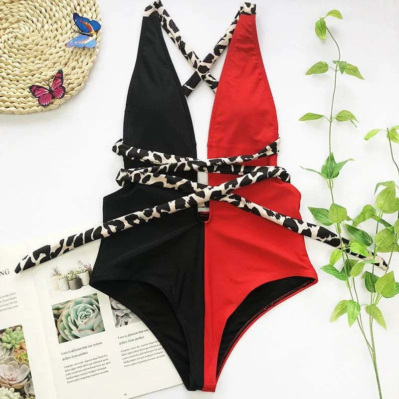 Fashion Sexy Plunging Swimsuit One Piece Swimwear Women Summer Backless Bathing Suits Belted Swimming Suit For Woman Bakini