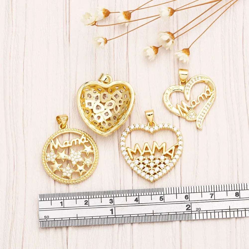 OCESRIO White Crystal Heart MAMA Pendant for Necklace Copper Gold Plated Moon Mothers Day Jewelry Making Component pdtb140