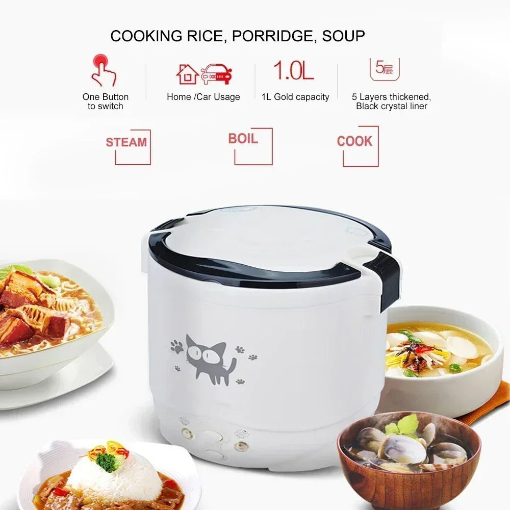 Car Mini Rice Cooker 12v 24V 220V Car Multicooker Self-driving Soup Porridge Portable Truck Smart Steamer Ramen for 1-2 People