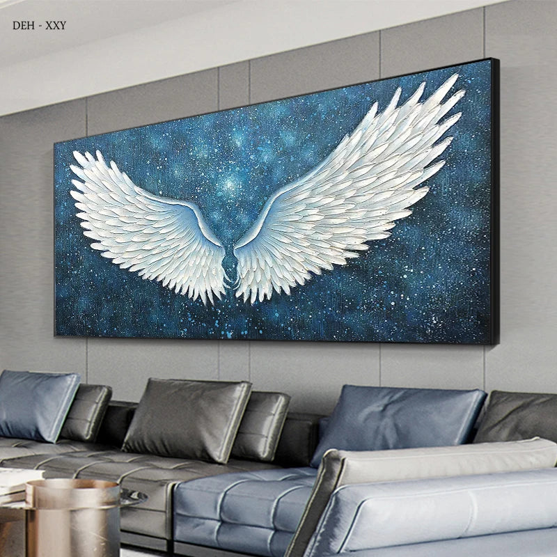 Modern Abstract Wall Decoration Painting White Angel Wings Art Canvas Painting Poster Star Blue Picture Living Room Home Decor