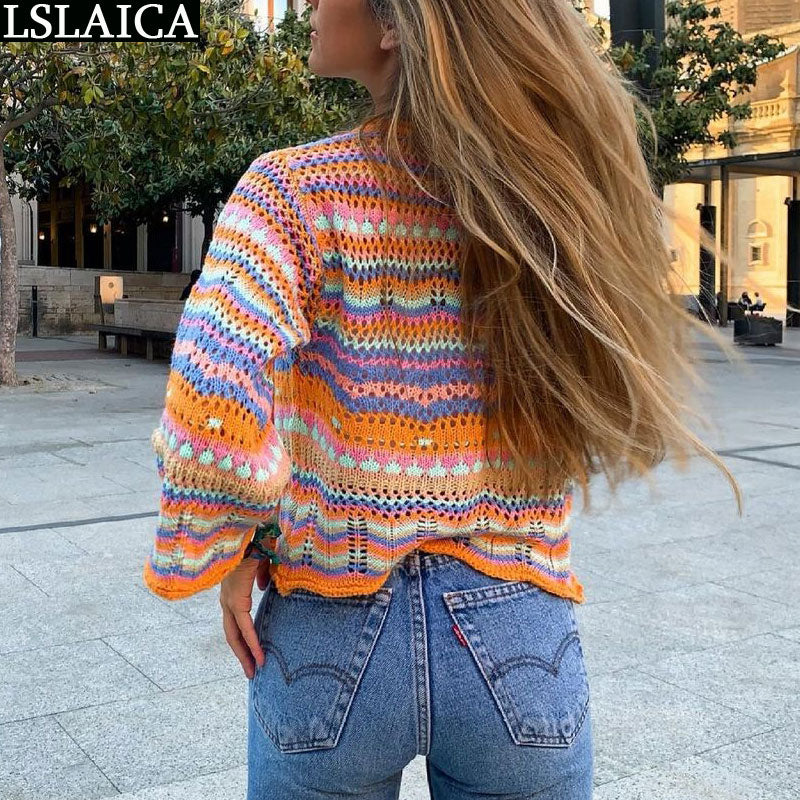 Cardigan Top Women Long Sleeve Single Button Decorated Slim Rainbow Striped Patchwork Women's Sweater Spring Autumn Fashion 2022 - RY MARKET PLACE