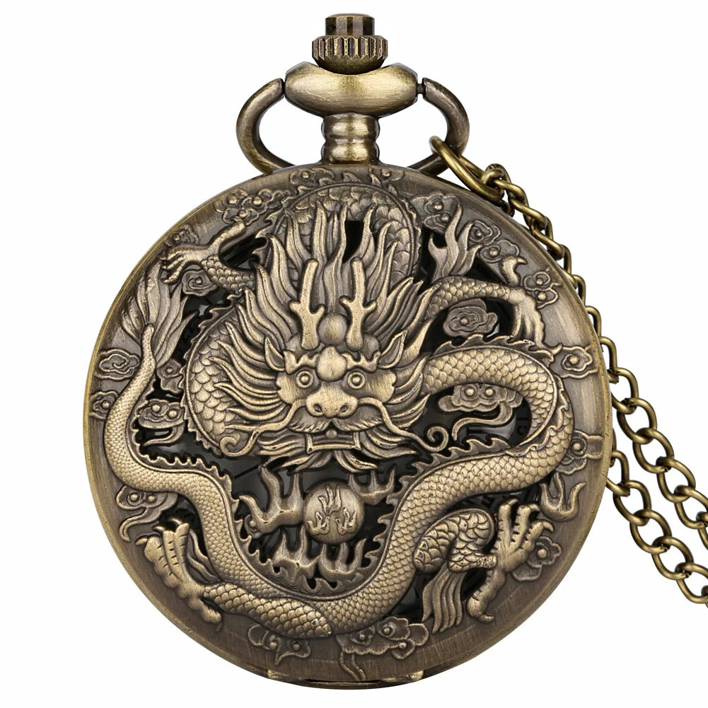 Antique Dragon Hollow Quartz Pocket Watch, Unisex Analog Necklace Sweater Pendant Pocket Watch, Gift For Father's Day