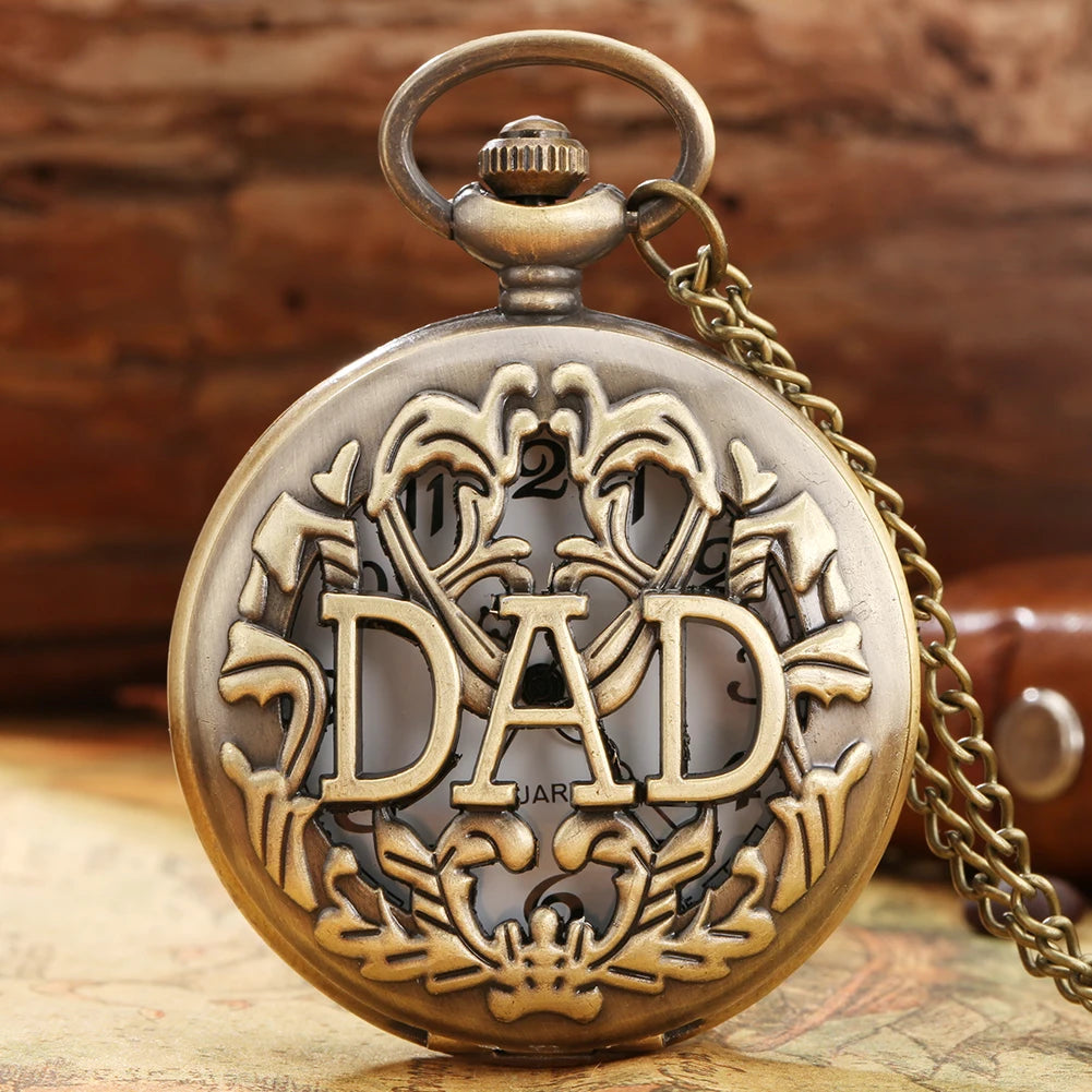 Antique Bronze Hollow DAD Design Quartz Pocket Watch Necklace Dad Pendant Chain Watch Birthday Father's Day Gifts for Father Men