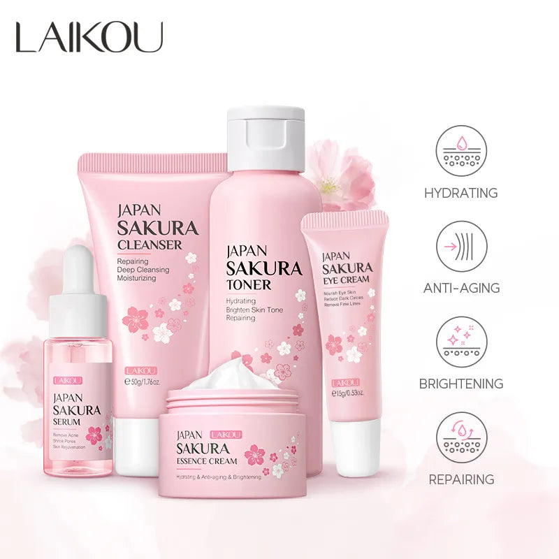 Face Skin Care Set Cleanser Sakura Essence Cream Moisturizing Whitening & Anti-Aging Toner Eye Cream Face Serum Eye Skin Care