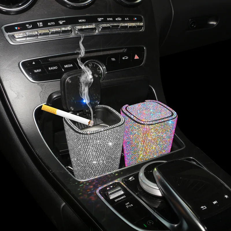 Car Diamond Ashtray LED Lights with Cover Windproof and Odor-Proof Bling Bling Mini Auto Trash Can Car Accessories for Women