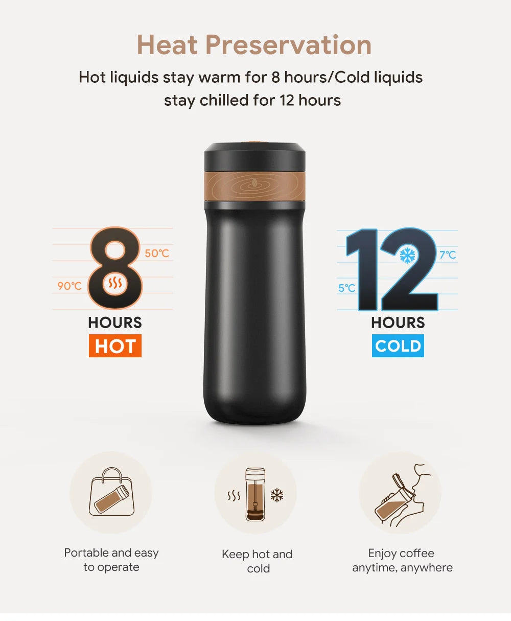 i Cafilas 12oz French Press Coffee Maker Vacuum Insulated Travel Coffee Mug Coffee Press Stainless Steel  Hot/Cold Brew