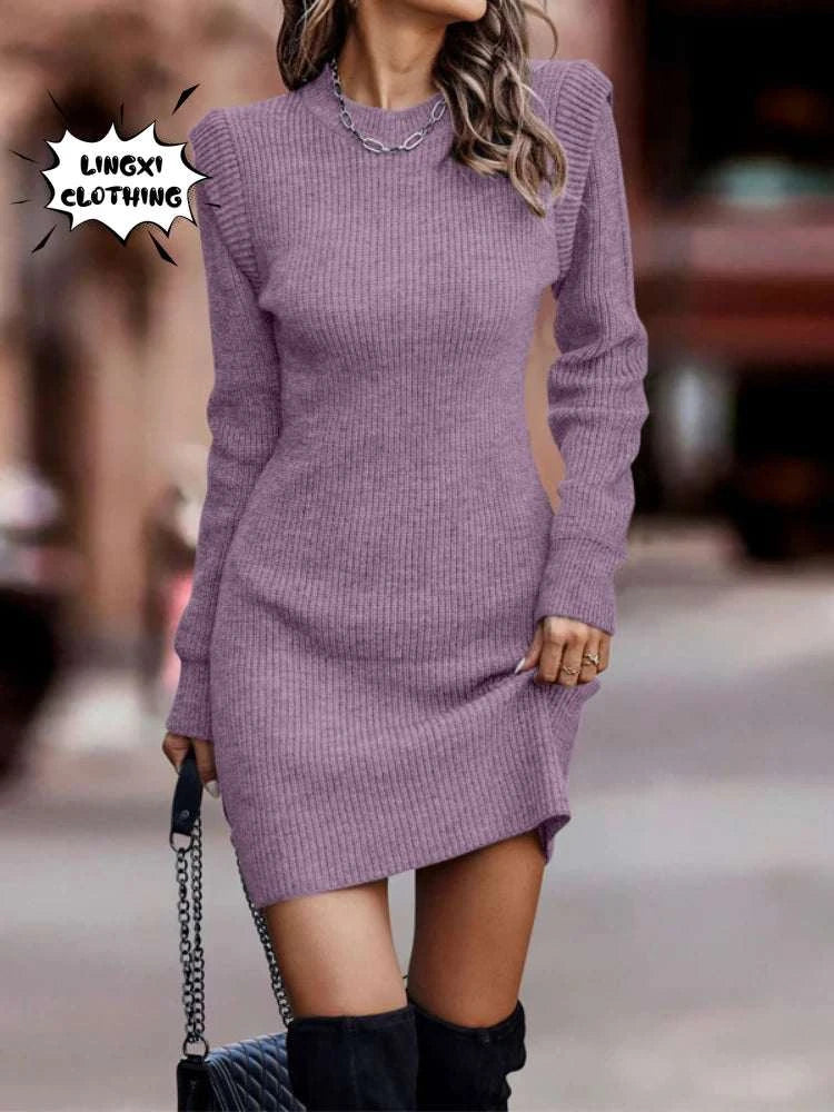 2023 Autumn and Winter Korean Fashion Women's Knitted Hip Skirt Elegant Warm Elastic Long Sleeve Knitted Sweater Long Dress