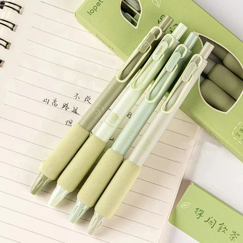 4PCS/Pack Green Tea Gel Pen Set 0.5mm Writing Pen Soft Touch Holder  Ballpoint Pen Black Color Ink Gel Pens Office School Supply