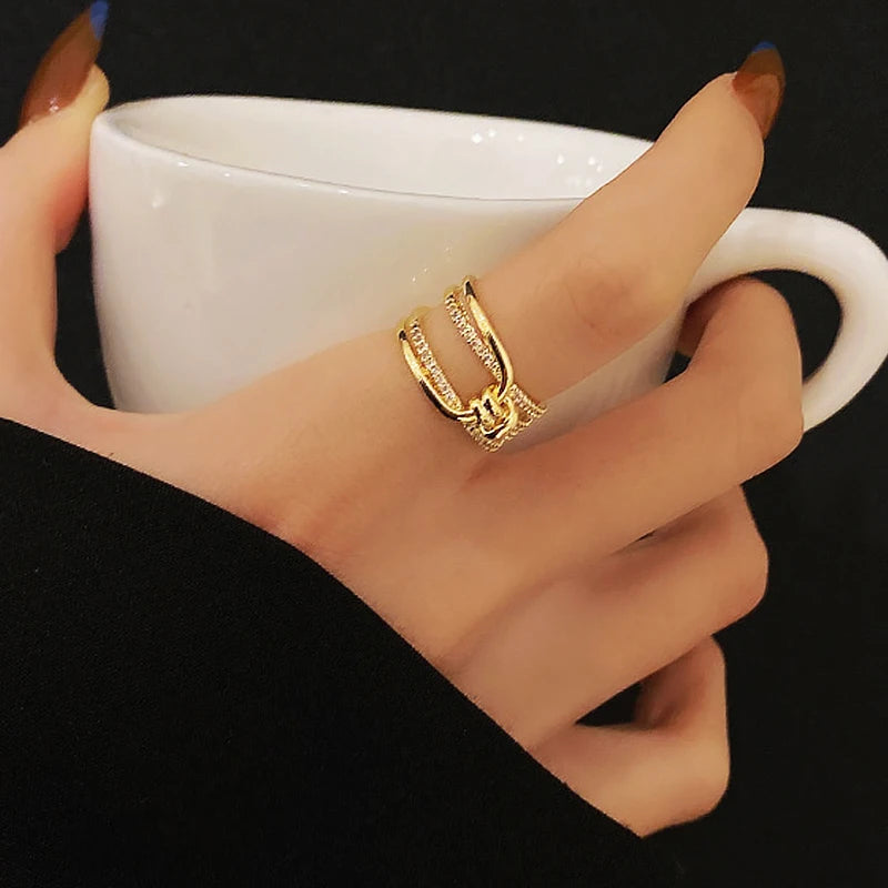 Irregular Hollow Opening Rings For Women Stainless Steel Gold Color Copper Geometric Ring Fashion Simple Party Christmas Jewelry