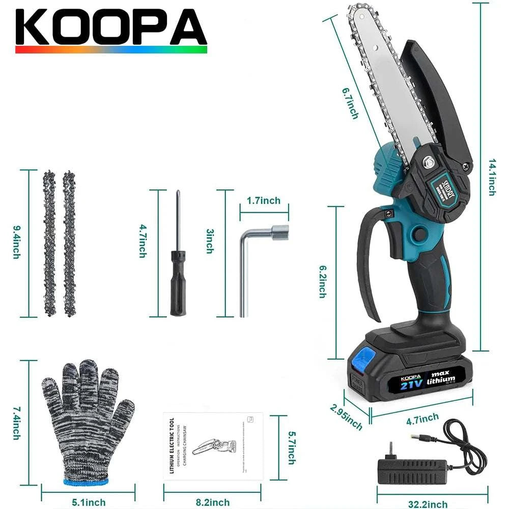 Mini Chainsaw Koopa Tool 6-Inch Powerful Cordless Rechargeable Handheld Small Electric Saw Powered by 21V 2000/3000mAh Batteries