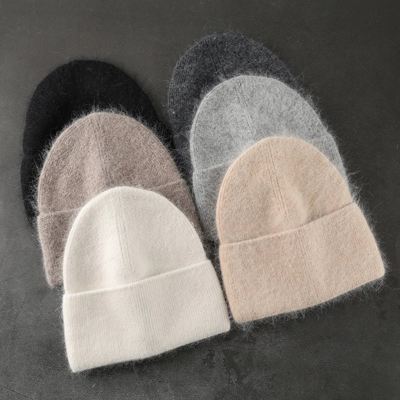 2022 New Angora Winter Hat For Womens Rabbit Fur Fluffy Knitted Beanies Hat  Bonnet Female Soft  Warm SKI Skullies  Beanies