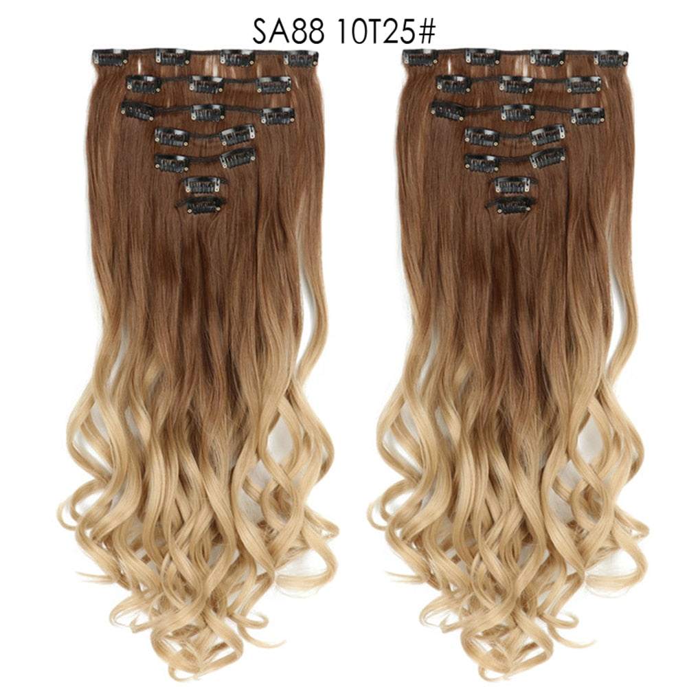 LINWAN Hair 22inch Ombre Hair Long Curly Hair Extension 16 Clips High Tempreture Synthetic Hairpiece Clip In Hair Extensions - RY MARKET PLACE