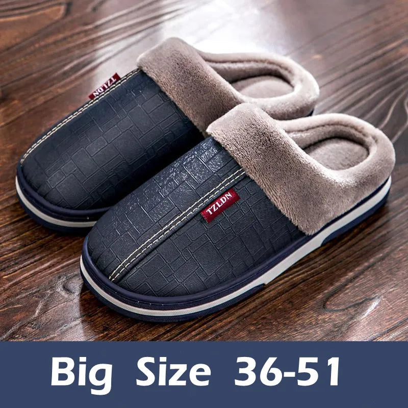 Big Size 50 51 Men's PU Leather Slippers Couples Indoor Waterproof Furry Flats Winter Warm Plush Shoe Women Non Slip Home Slides