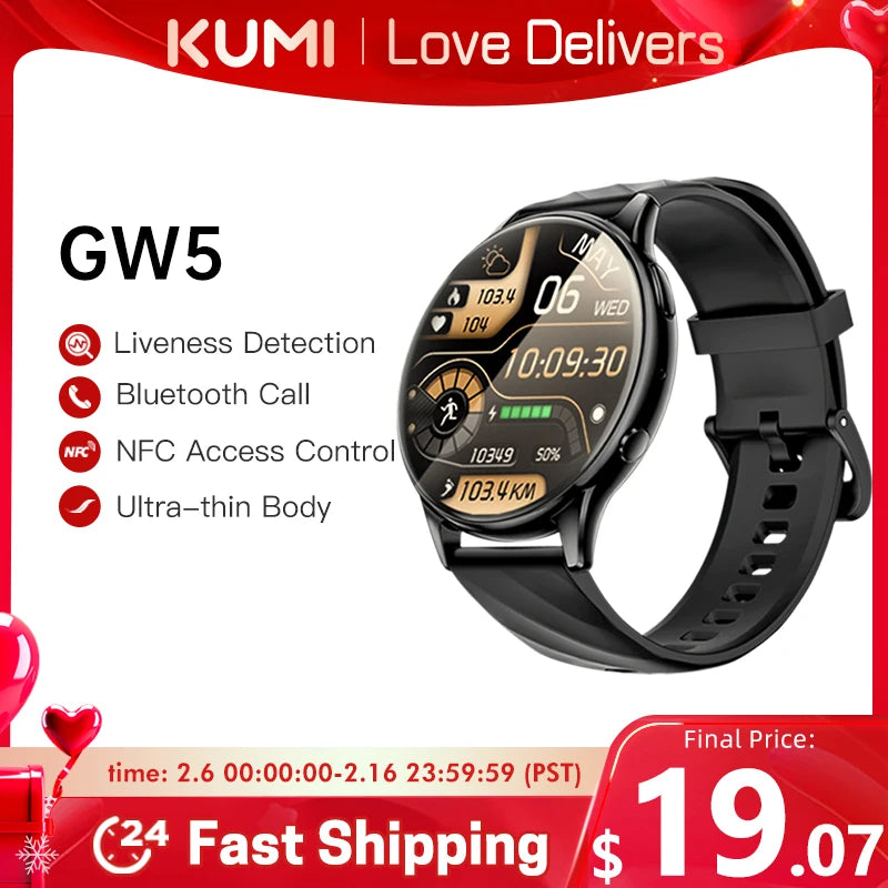 KUMI GW5 Smart Watch 1.39 inch NFC Bluetooth 5.2 100+ Sport Heart Rate Blood Pressure Oxygen Monitor Waterproof IP68