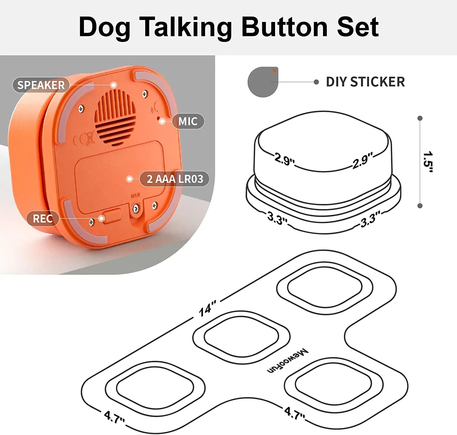 MEWOOFUN Dog Button Set With Mat & Stickers Pets Talk Trainable and Recordable  Communication Vocalised Voice Toy Clicker