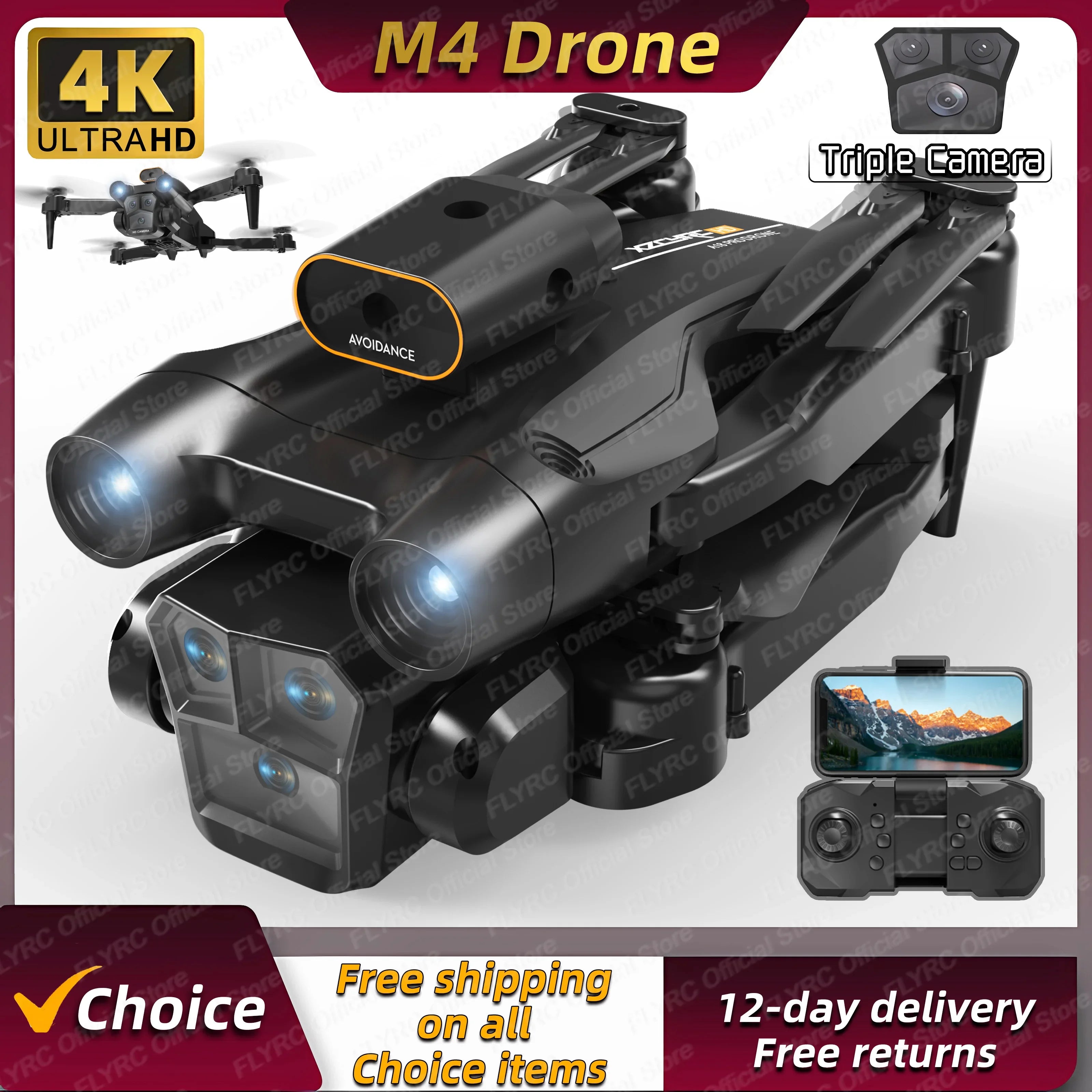 New M4 RC Drone 4K Professinal With Wide Angle Triple HD Camera Foldable RC Helicopter WIFI FPV Height Hold Apron Sell