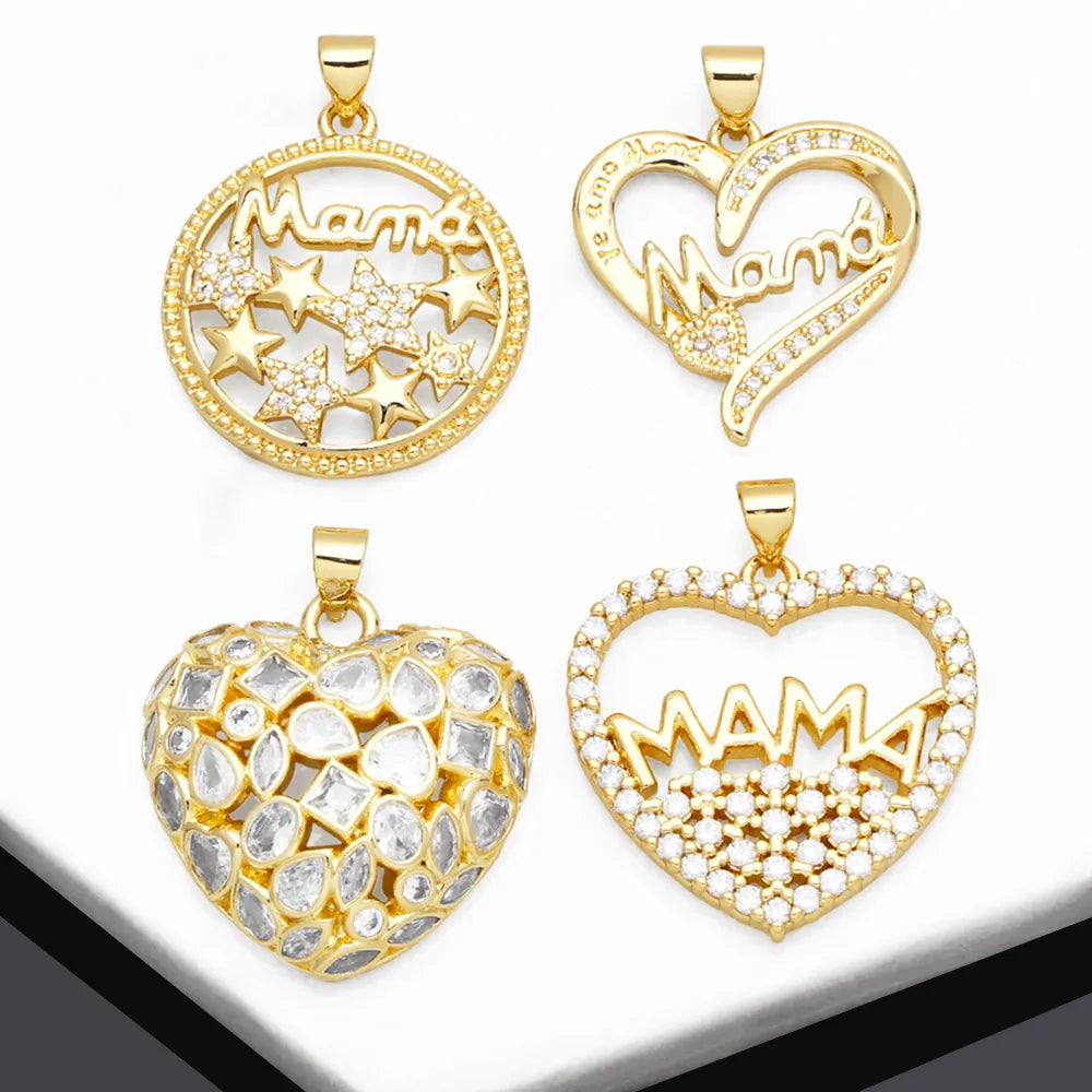 OCESRIO White Crystal Heart MAMA Pendant for Necklace Copper Gold Plated Moon Mothers Day Jewelry Making Component pdtb140