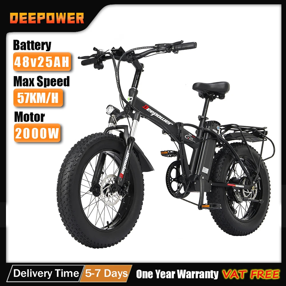 DEEPOWER 2000W Adults Electric Bike Bicycle 1000W 48V 12.8AH 20 Inch Off-Road Tire Folding Electric E Bikes Mountain Ebike