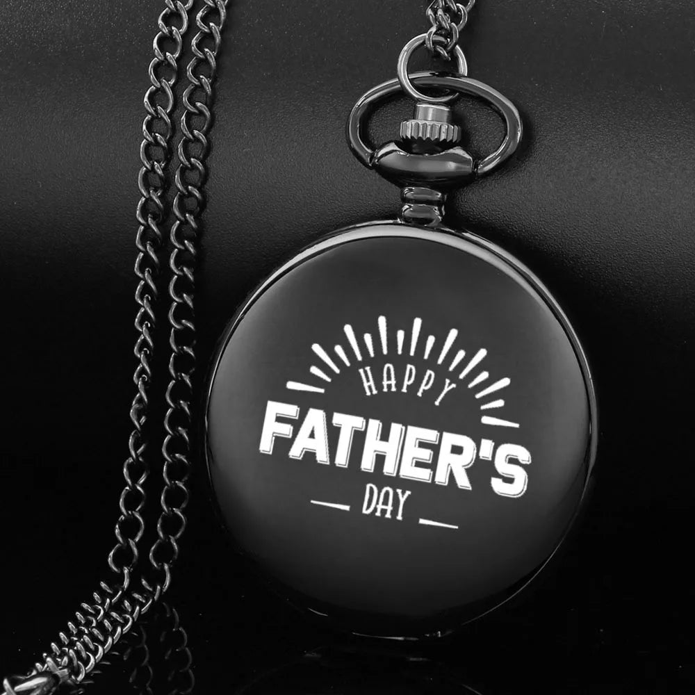 Happy Father's day design carving english alphabet face pocket watch a belt chain Black quartz watch father's day perfect gift