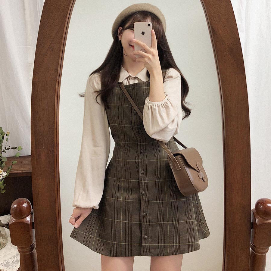 Cute Mini New Year Date Dresses Sleeveless Vest Women Korea Japanese Style Design Retro Vintage Plaid Button Shirt Dress 11021 - RY MARKET PLACE