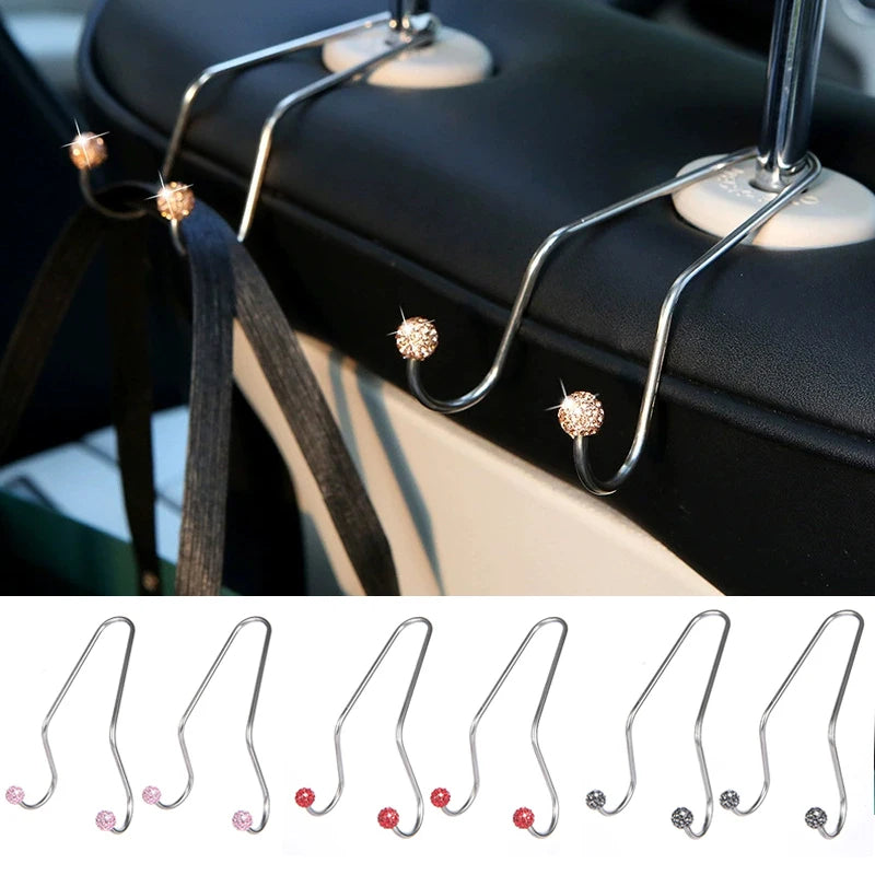 2Pcs Car Rear Seat Hooks with Rhinestone Decor Bling Diamond Car Bag Hangers Auto Seat Back Storage Organizer Car Accessories