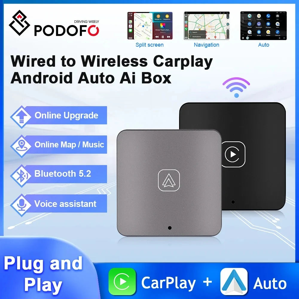 Podofo Android Auto AI Box Wireless Android Auto Adapter Carplay Dongle Bluetooth WIFI Plug And Play For VW Audi Toyota Honda