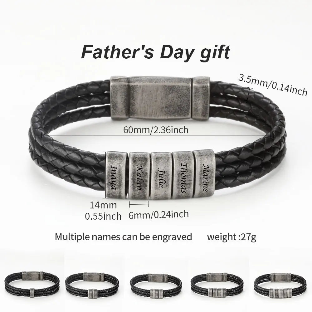 Engraving Name Men Bracelets,Braided Leather Bangles,Stainless Steel Father's Day Gifts