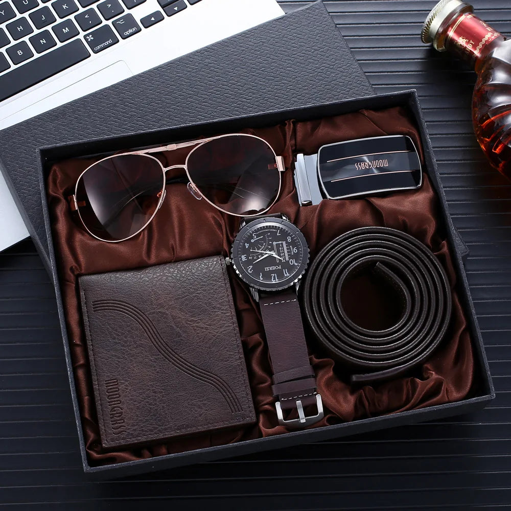 4pcs/set Men Watch Set in Box Fashion Leather Belt Man Wallet Glasses Quartz Watch Men Set Father's Day Birthday Gifts for Him